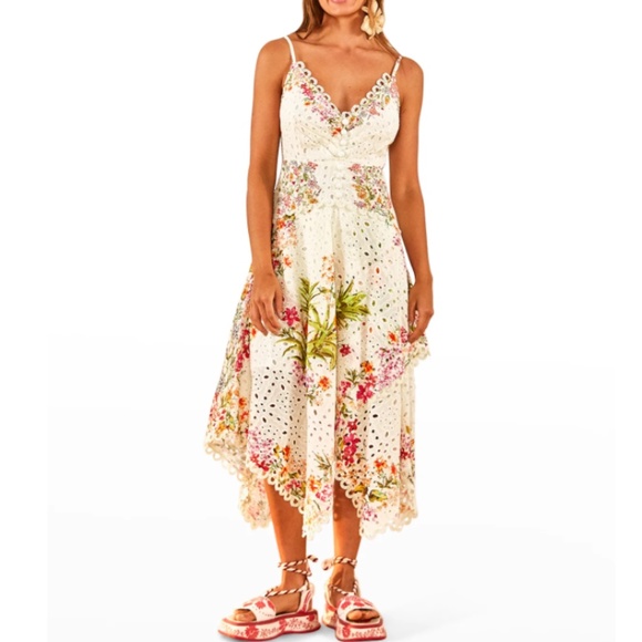 NWT $295 Farm Rio Delicate Forest Scarves Eyelet Midi Dress in Small! - Picture 3 of 6